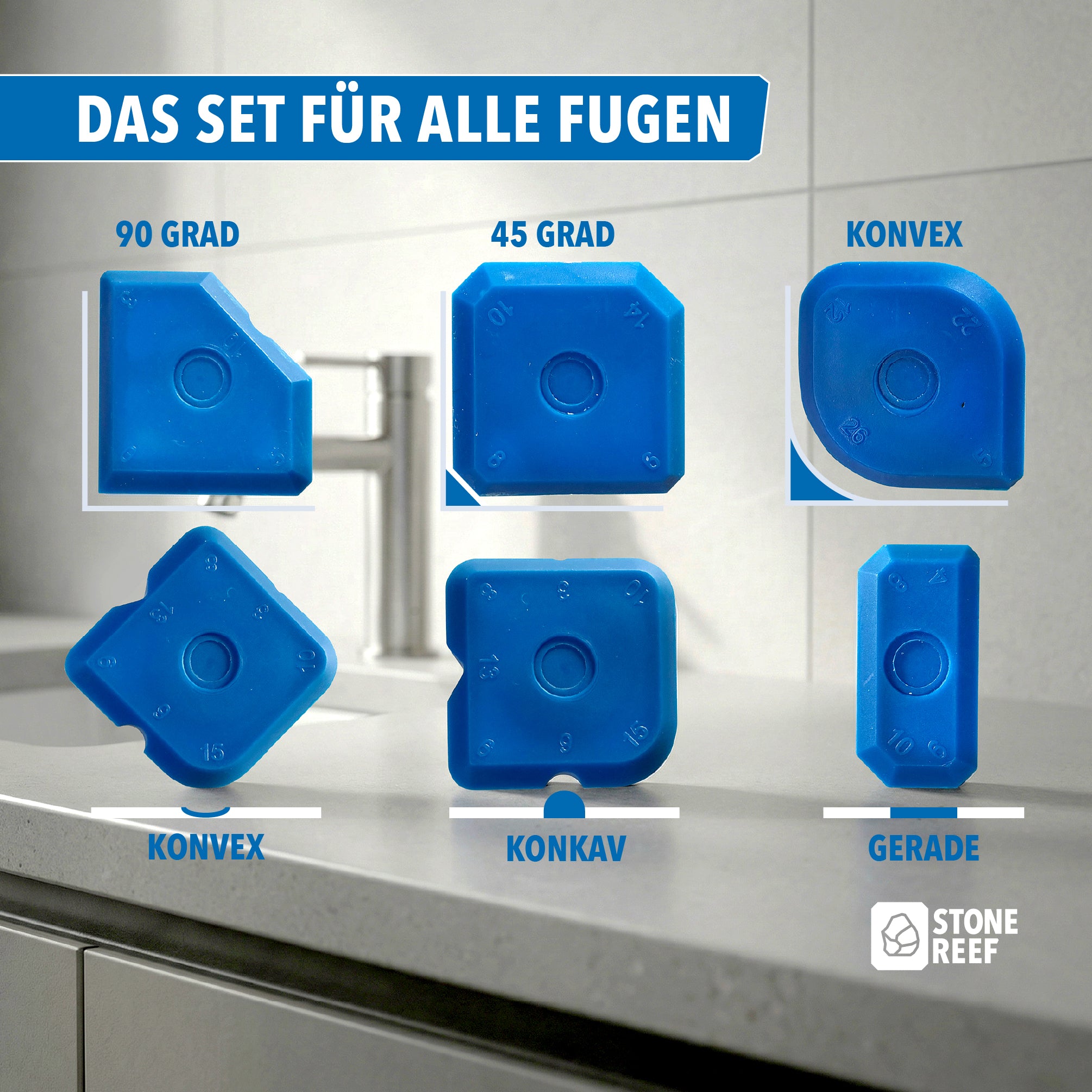 Übersicht der verschiedenen Fugenglätter-Köpfe im Set – STONE REEF