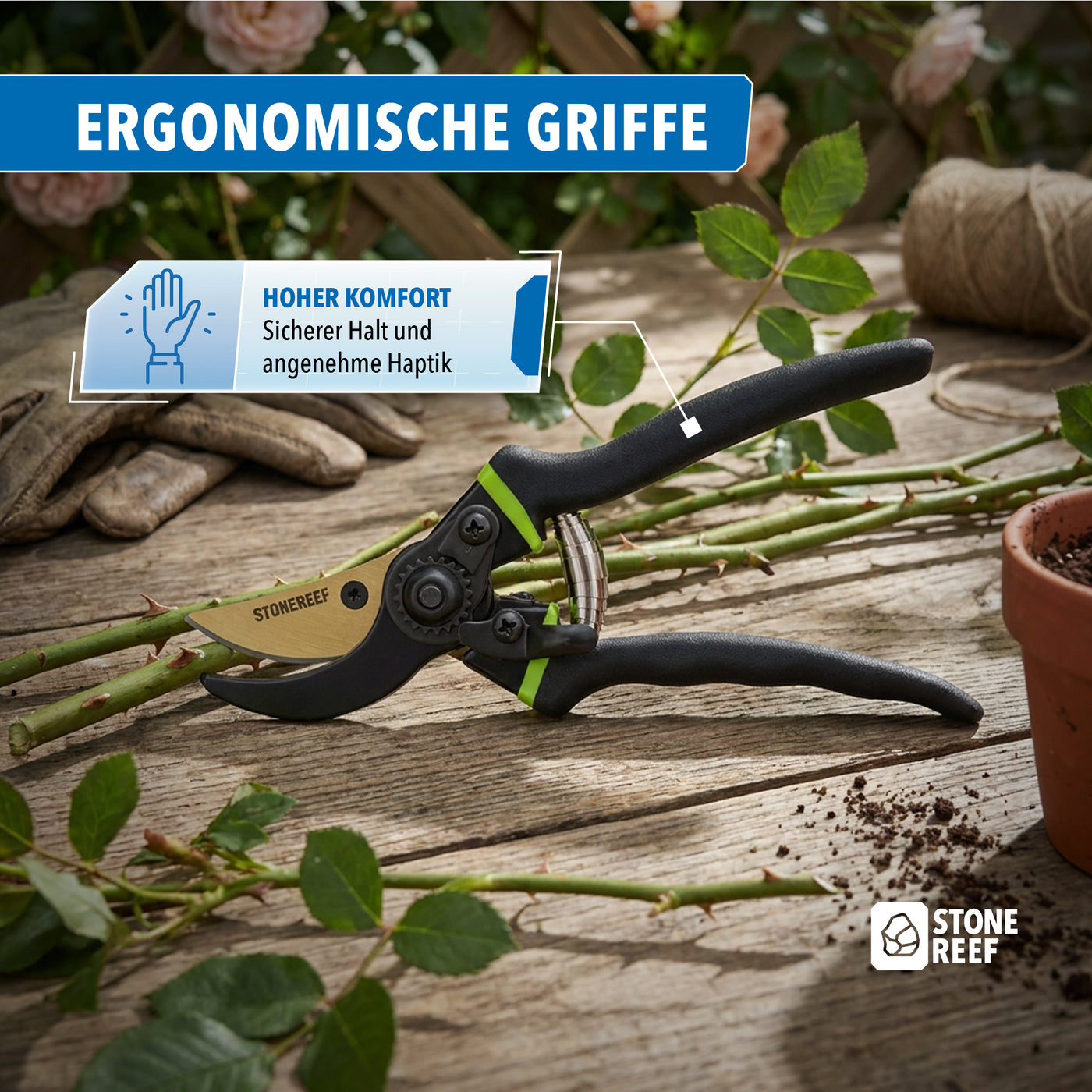 Gartenschere mit ergonomischem Griff im Einsatz – STONE REEF