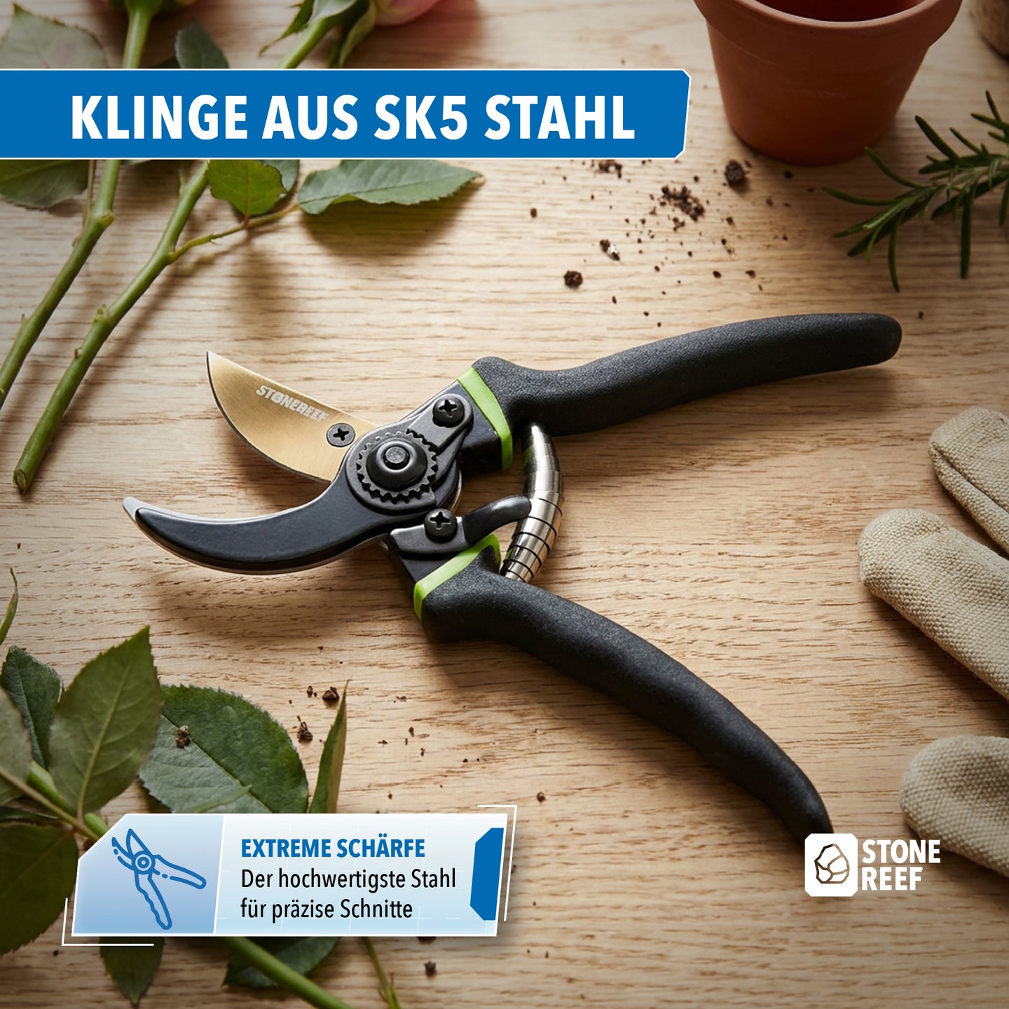 Scharfe Klingen der Bypass Gartenschere im Detail – STONE REEF