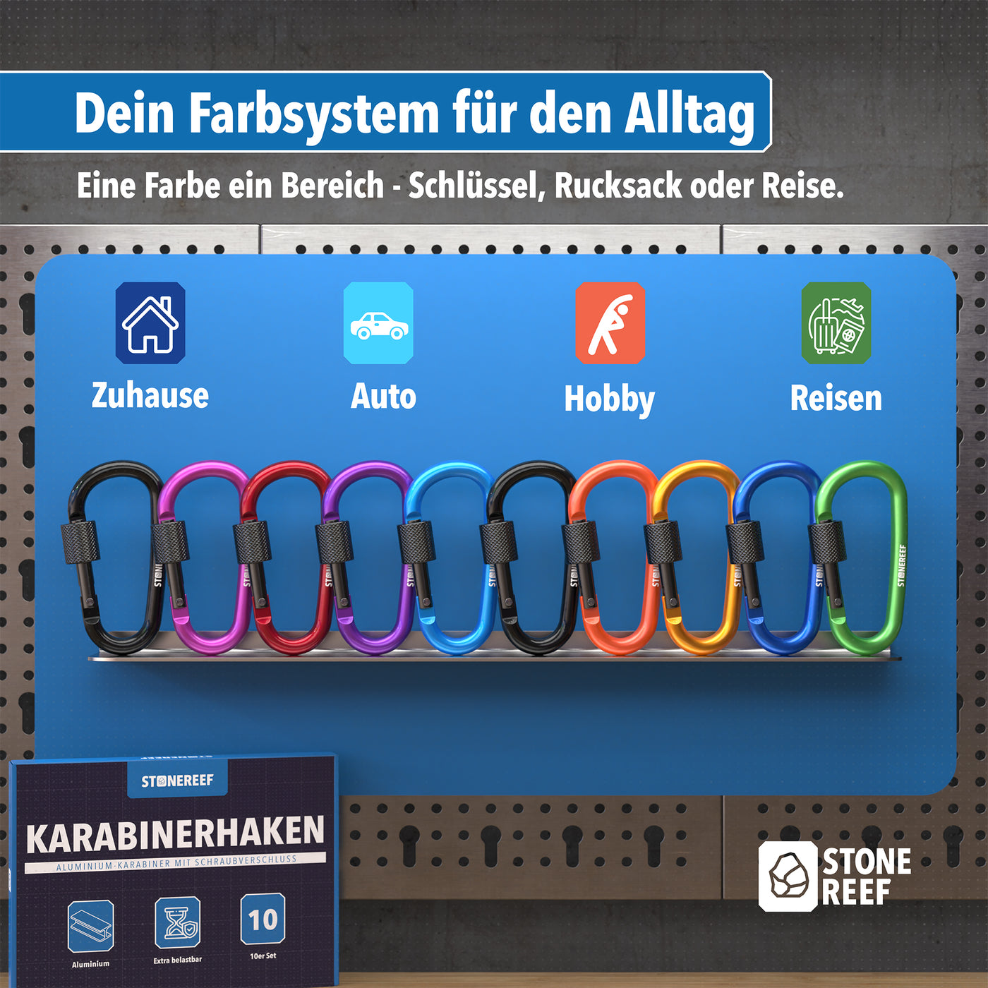 Karabinerhaken beim sicheren Befestigen eines Gegenstands im Einsatz – STONE REEF