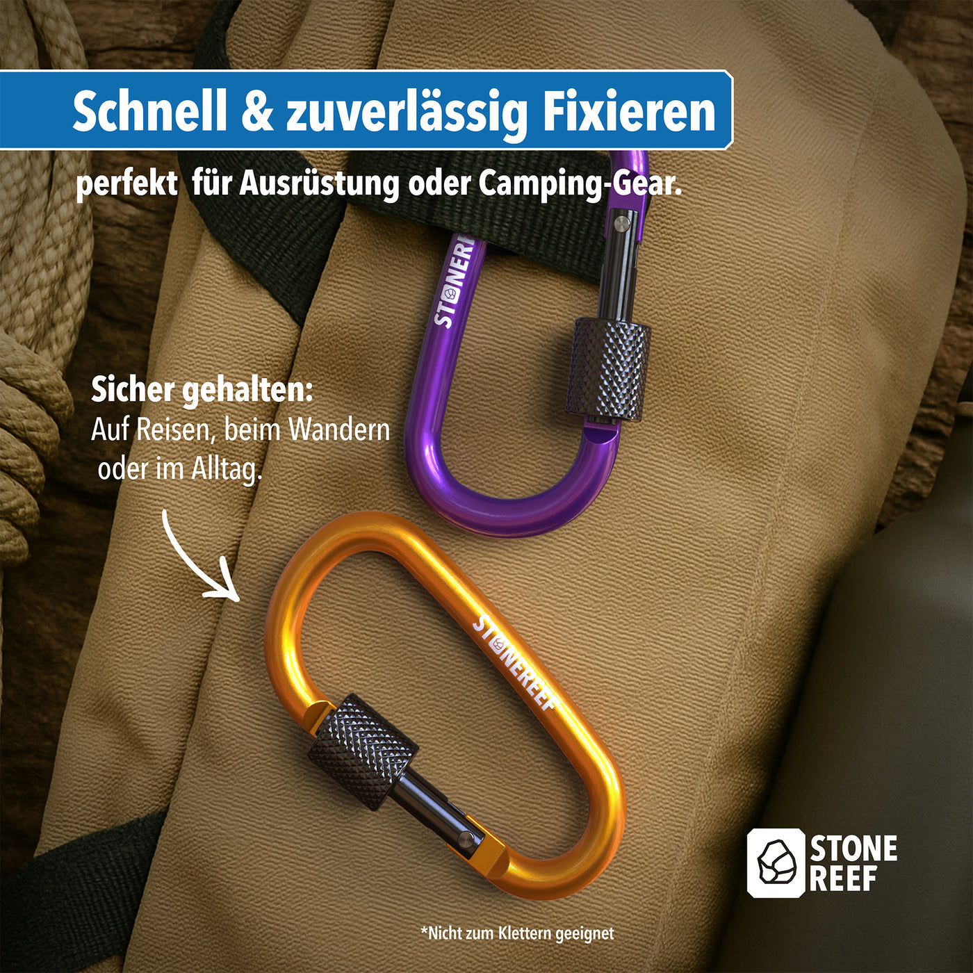 Nahaufnahme des Verschlusses am Karabinerhaken – STONE REEF