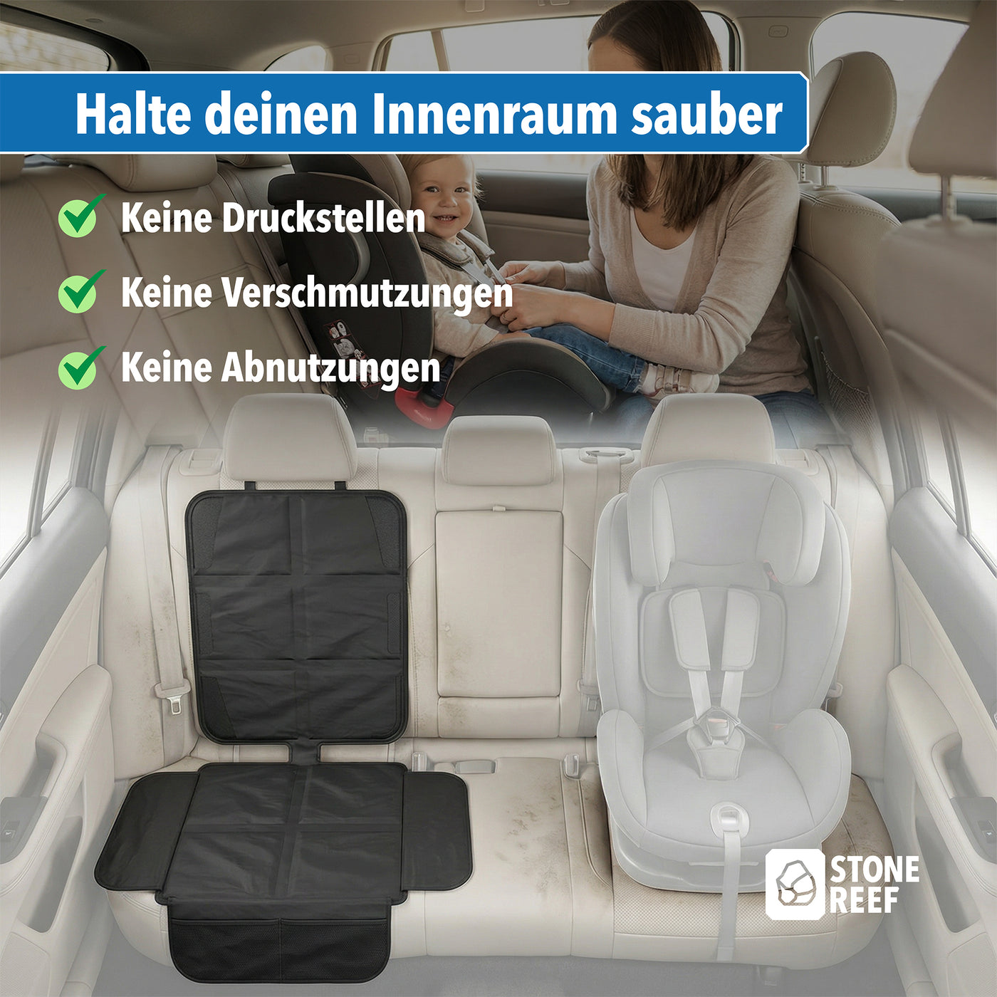 Kindersitzunterlage auf dem Autositz im Einsatz – STONE REEF