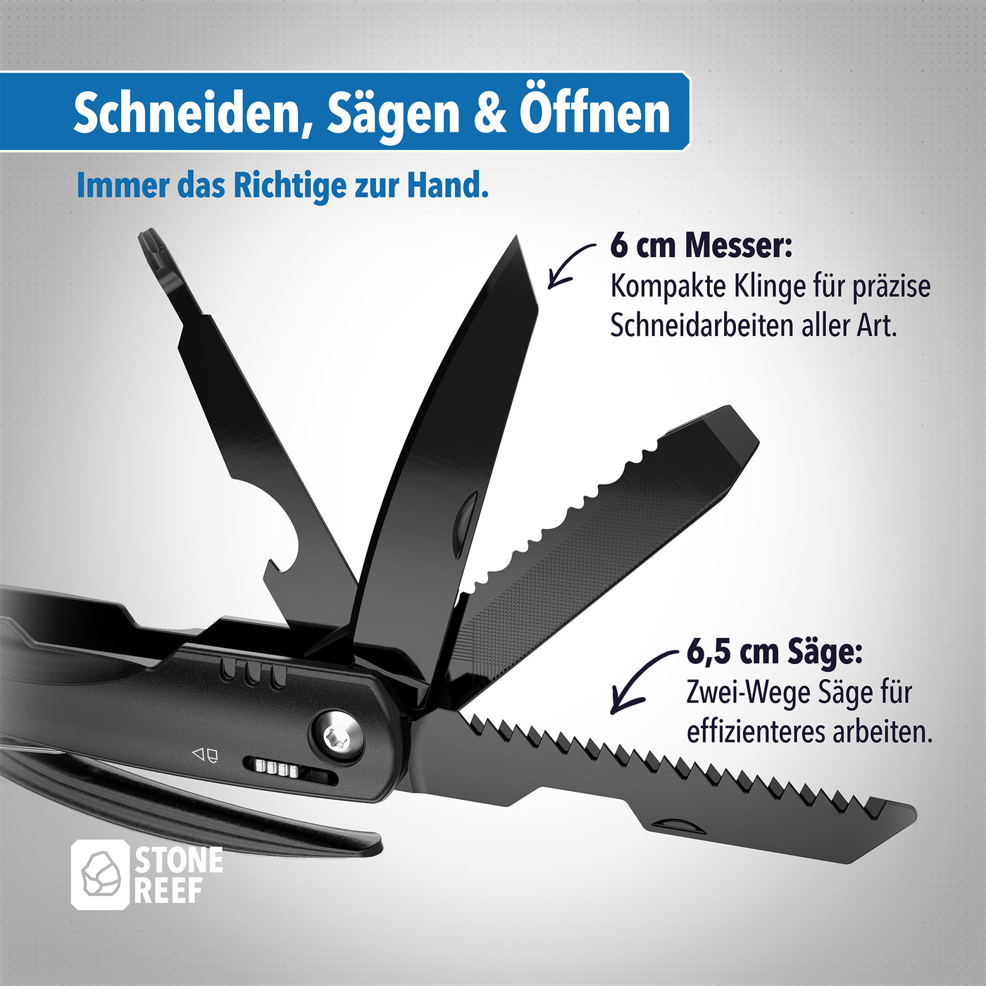 Nahaufnahme der verschiedenen Werkzeuge des Multitools – STONE REEF