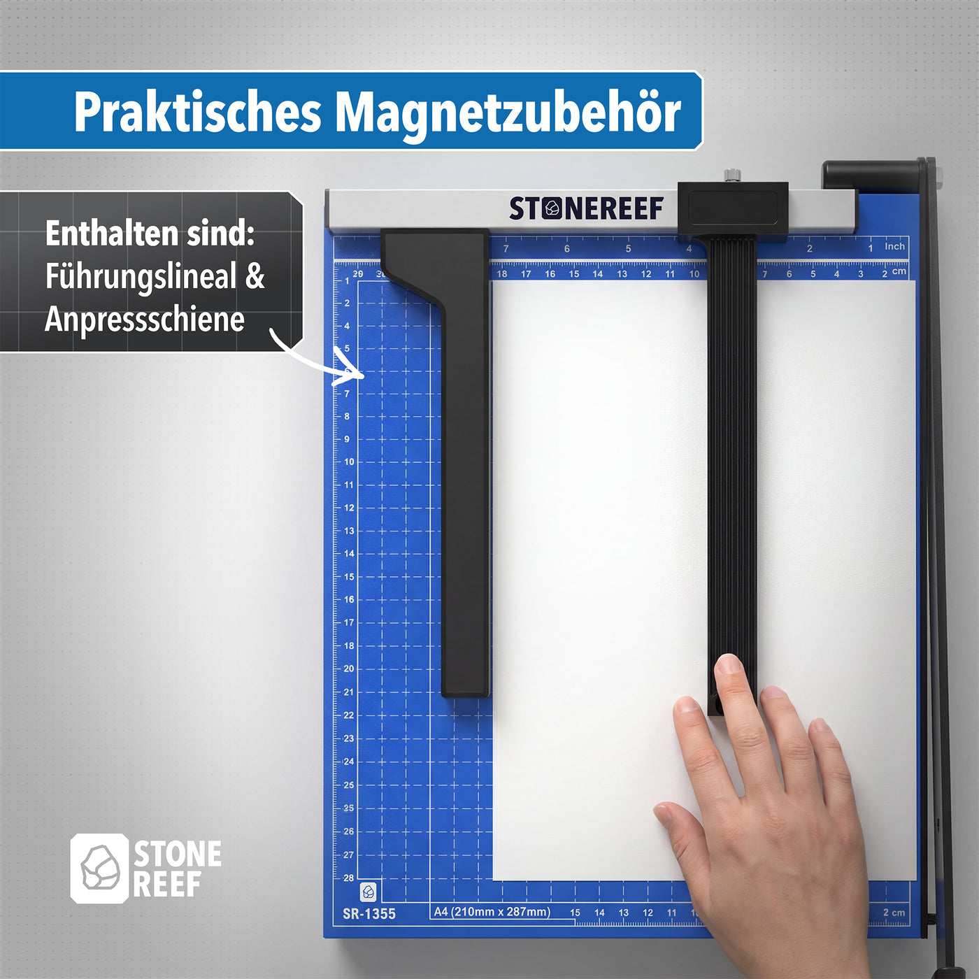 Klinge und Schnittleiste des Papierschneiders im Detail – STONE REEF