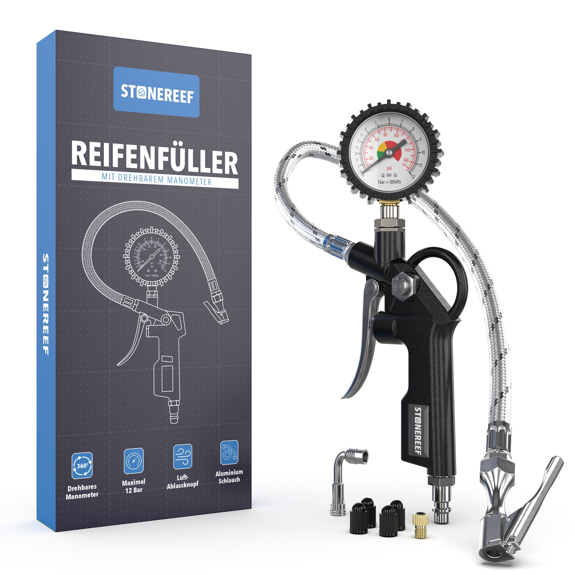 Reifenfüller mit drehbarem Manometer in PSI und BAR – STONE REEF