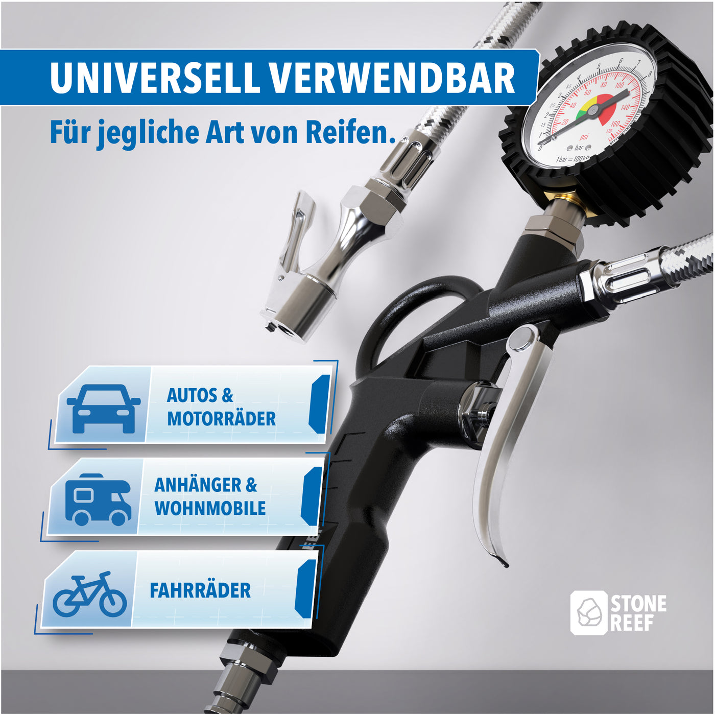 Manometer-Anzeige des Reifenfüllers gut ablesbar – STONE REEF