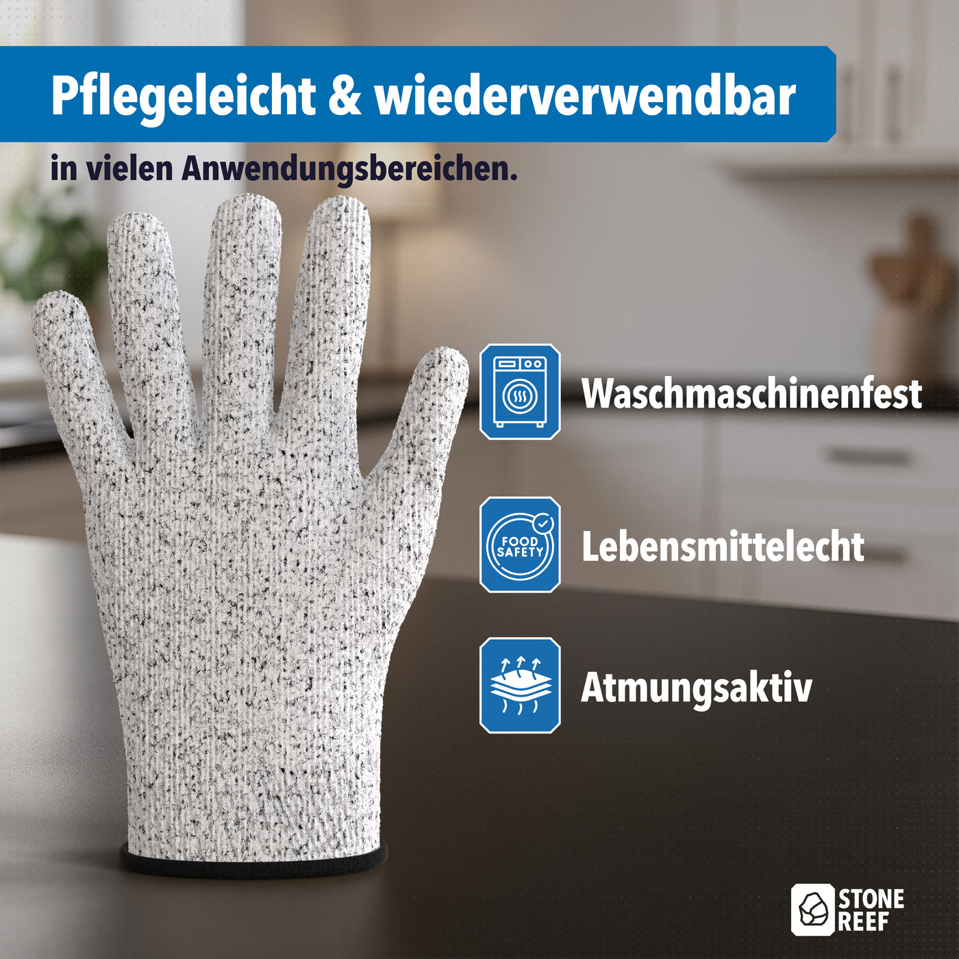 Nahaufnahme des schnittfesten Gewebes der Handschuhe – STONE REEF
