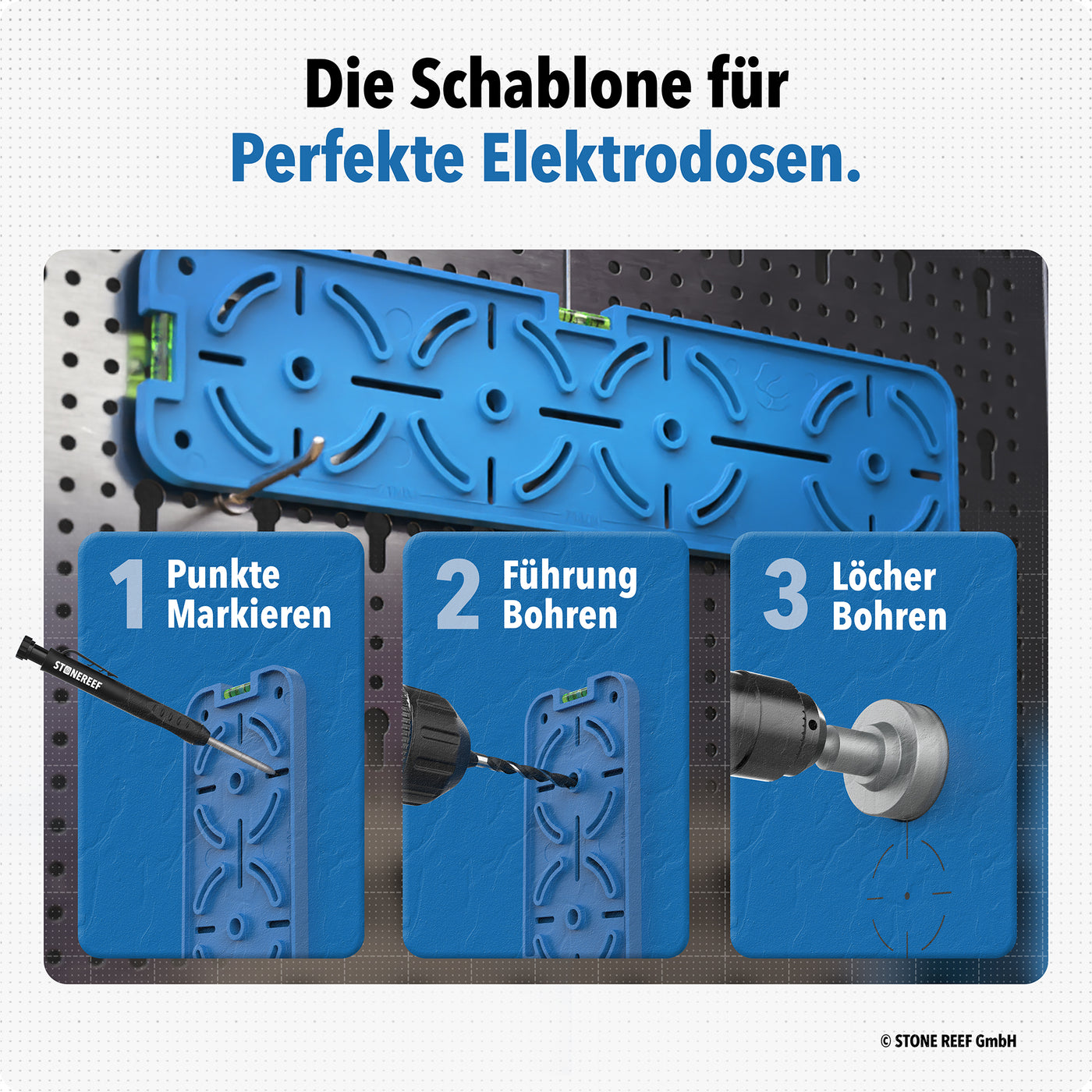 Lieferumfang der Steckdosen-Bohrschablone – STONE REEF