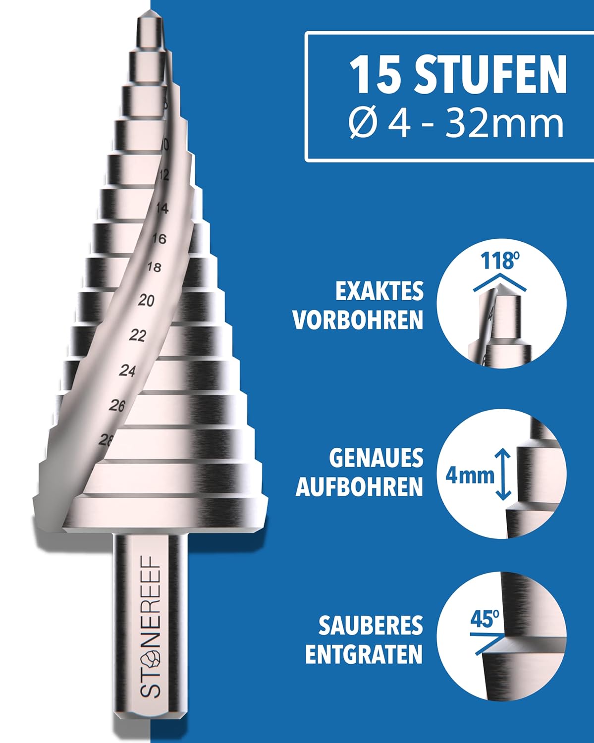 Lieferumfang des Stufenbohrers Ø 4-32mm – STONE REEF