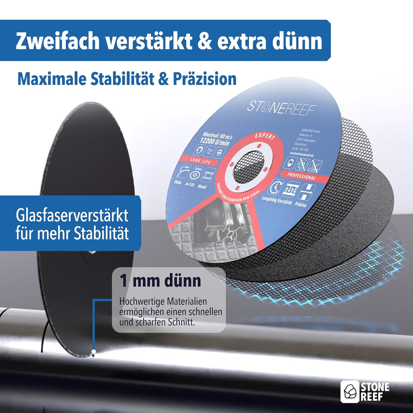 Trennscheibe aus dem 25er-Set beim Trennen von Metall im Einsatz – STONE REEF